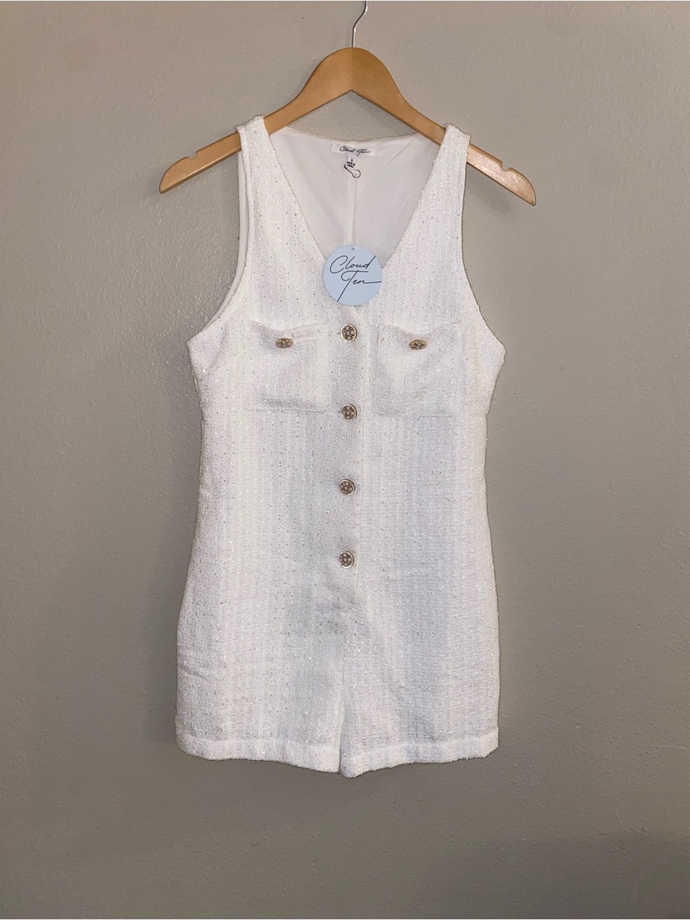 Cloud Ten White Textured Sparkle Tweed Button Front Sleeveless Romper NWT Size S